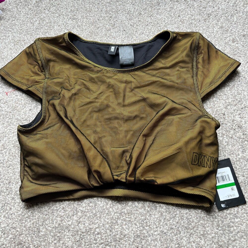 DKNY SWIM sz L Mesh Overlay Army‎ Green Black Modest Cap Sleeve Crop Cumin